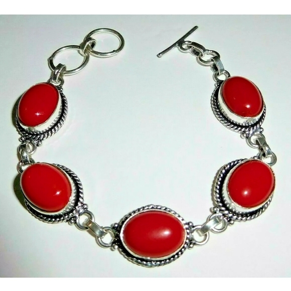 Natural Italian Red Coral 925 Silver Bracelet - Picture 4 of 6